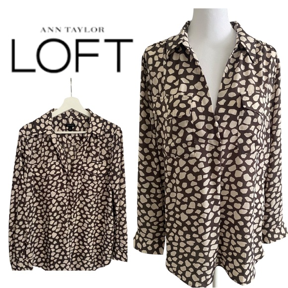 Ann Taylor LOFT Tops - Ann Taylor LOFT Stylish Long Sleeve Brown and Cream Women's Blouse Size L